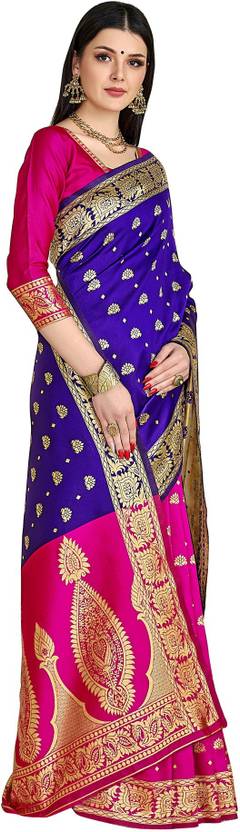 Royal Blue and Magenta Silk Saree with Rich Gold Zari Work
