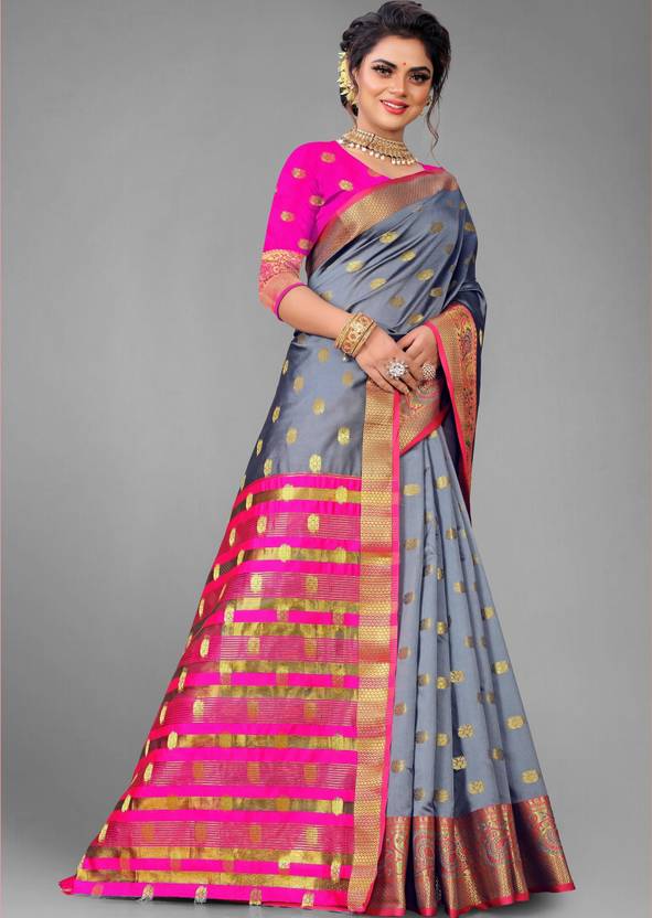 Elegant Steel Grey Silk Saree with Vibrant Pink and Gold Zari Border