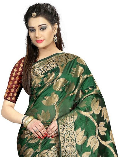 Classic Green Silk Saree with Rich Gold Floral Zari Work
