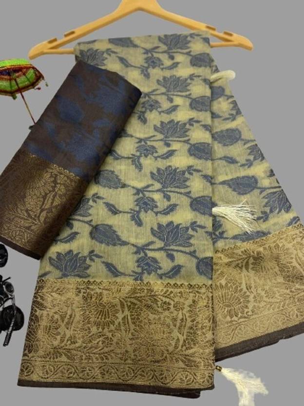 Elegant Beige Floral Silk Saree with Rich Gold Zari Border