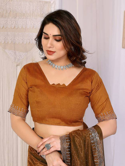 Elegant Golden Brown Shimmer Saree with Silver Lace Border