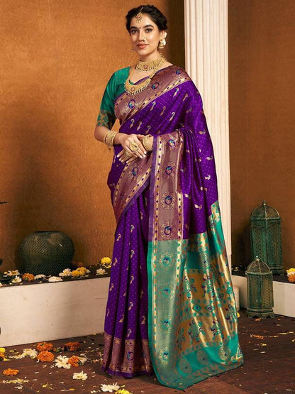 Royal Purple Silk Saree with Peacock Motifs and Contrast Pallu