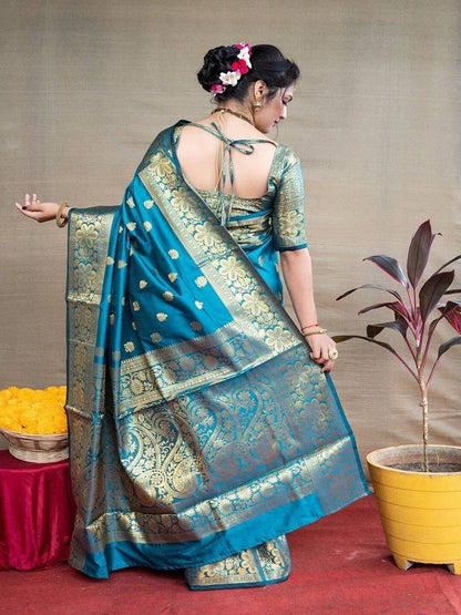 Teal Blue Silk Saree with Rich Gold Zari Weave