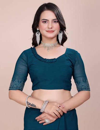 Teal Blue Saree with Delicate Lace Border