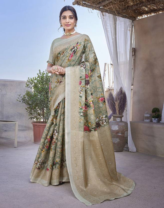 Graceful Sage Green Floral Saree with Elegant Woven Border