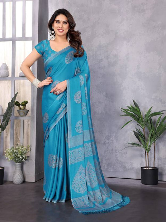 Elegant Teal Blue Woven Motif Saree with Subtle Tassel Pallu