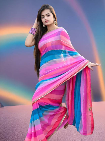 Vibrant Multicolor Striped Saree with Delicate Pearl Border