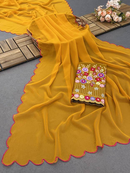 Radiant Mustard Yellow Georgette Saree with Scalloped Border