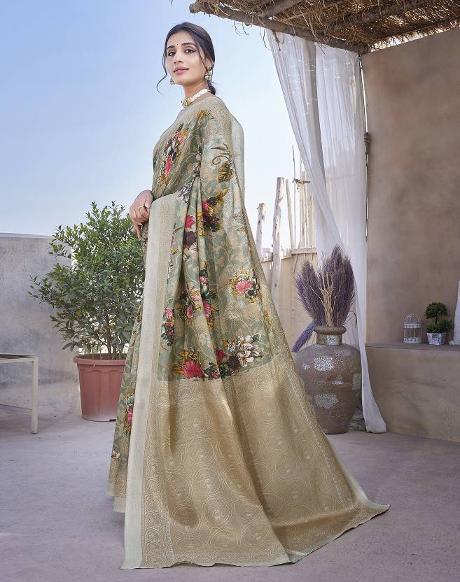 Graceful Sage Green Floral Saree with Elegant Woven Border