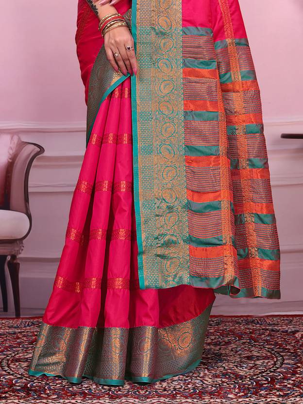 Royal Pink Silk Saree with Teal Green and Gold Zari Border