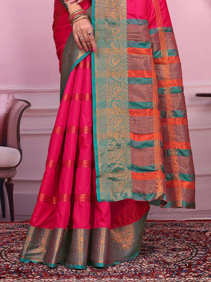 Royal Pink Silk Saree with Teal Green and Gold Zari Border