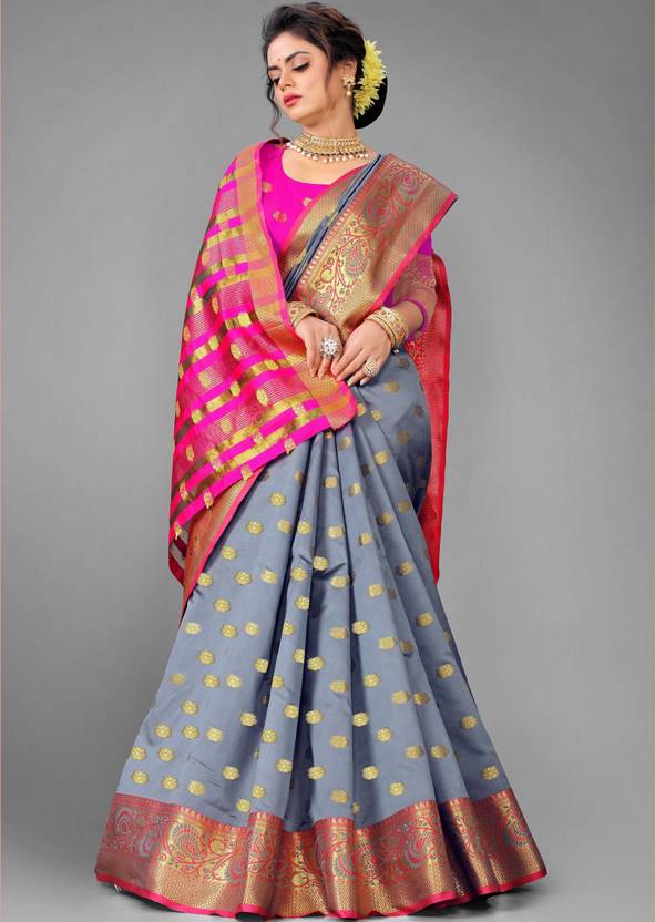 Elegant Steel Grey Silk Saree with Vibrant Pink and Gold Zari Border