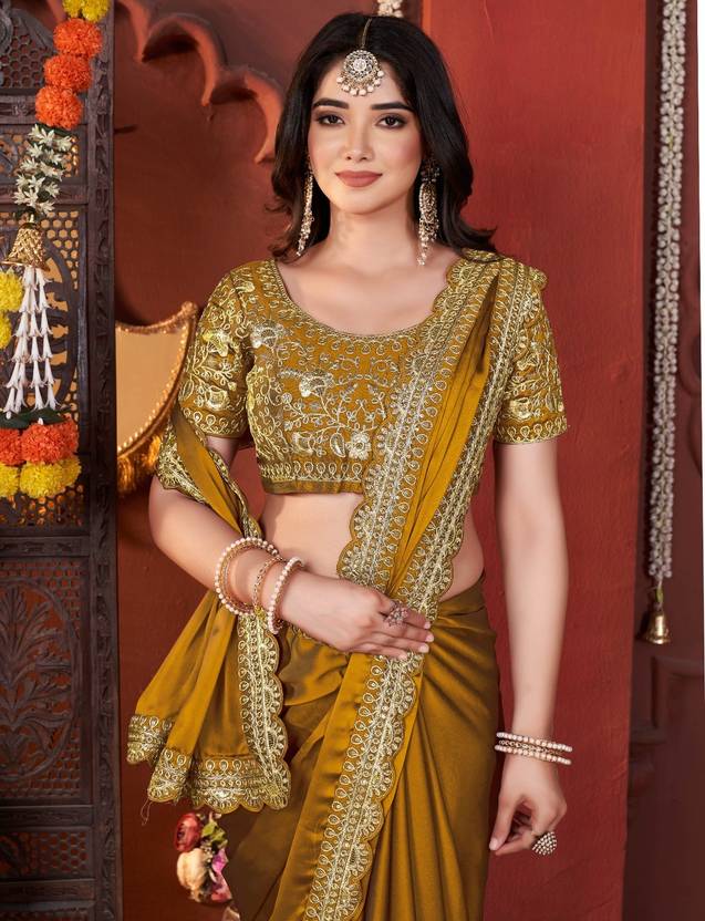 Elegant Golden Brown Shimmer Saree with Silver Lace Border