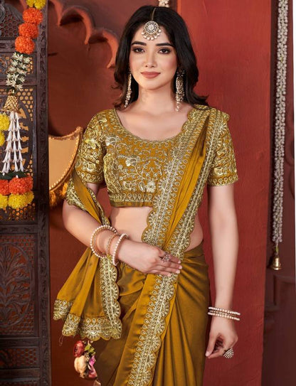 Elegant Golden Brown Shimmer Saree with Silver Lace Border