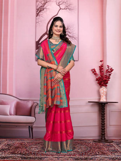 Royal Pink Silk Saree with Teal Green and Gold Zari Border