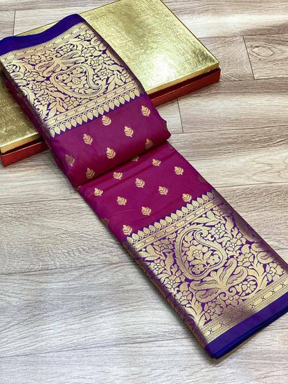 Royal Blue and Magenta Silk Saree with Rich Gold Zari Work