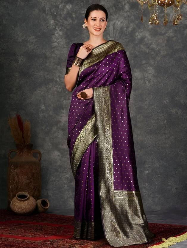 The Royal Aubergine Silk Saree with Polka Dot Zari Butti