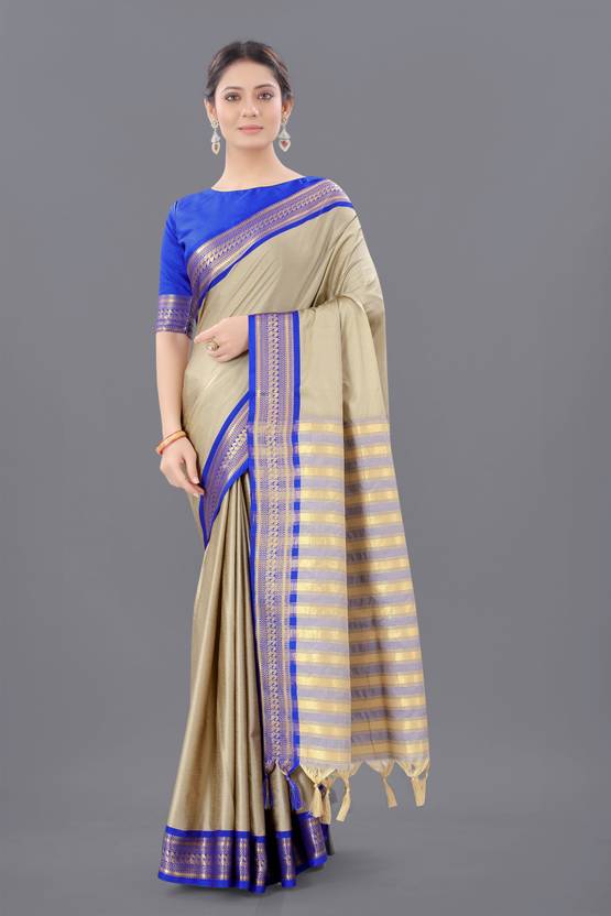 The Champagne Gold & Electric Blue Art Silk Saree with Striped Pallu