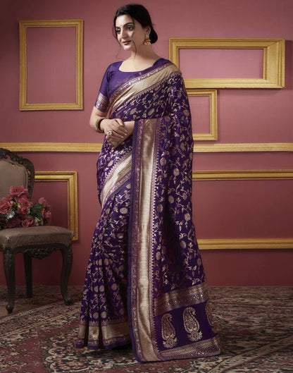 The Royal Purple Banarasi Silk Saree with Rose Gold Floral Jaal