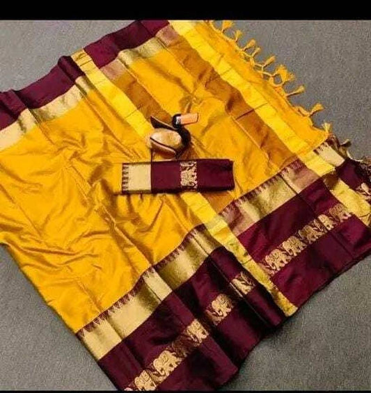 The Ochre & Royal Purple Art Silk Saree with Elephant Motifs