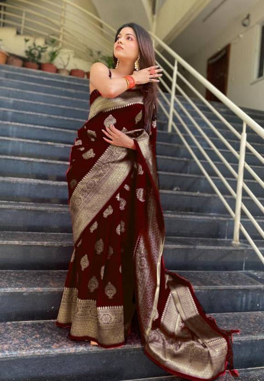 The Royal Maroon Banarasi Silk Saree with Antique Zari Work