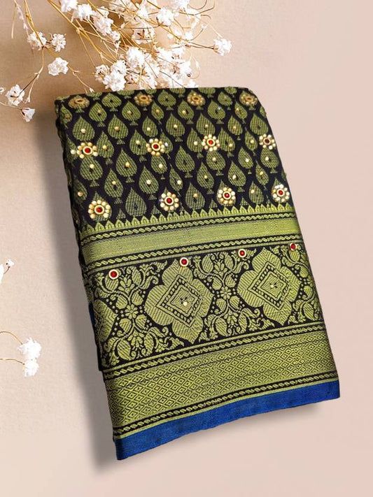 The Forest Green & Prussian Blue Embroidered Banarasi Silk Saree