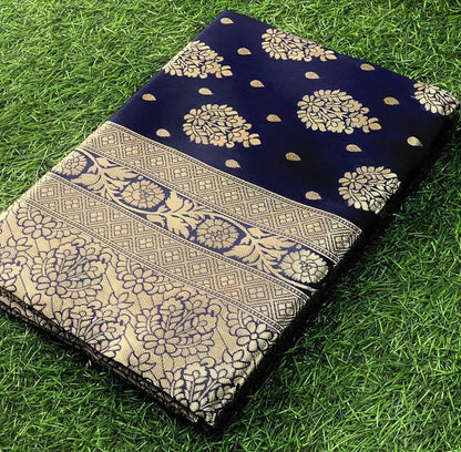 Royal Navy Blue Silk Saree with Gold Zari Floral Weave