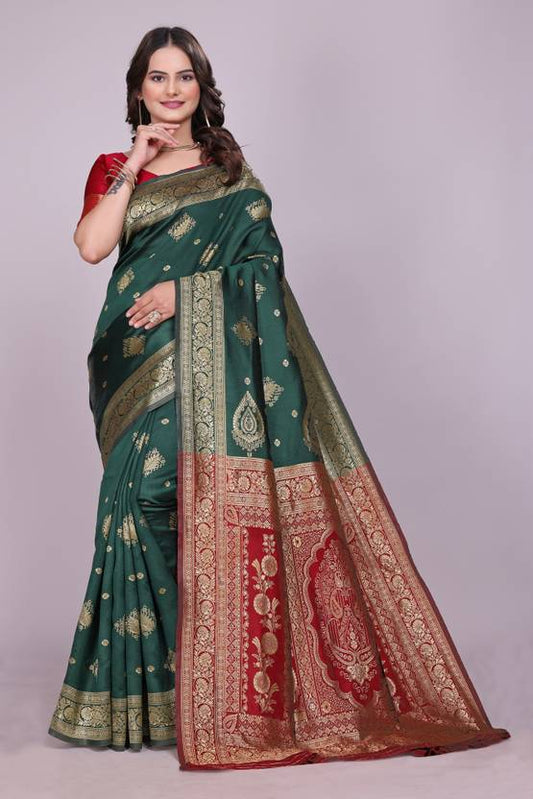 The Emerald & Crimson Banarasi Silk Saree with Ornate Zari Artistry