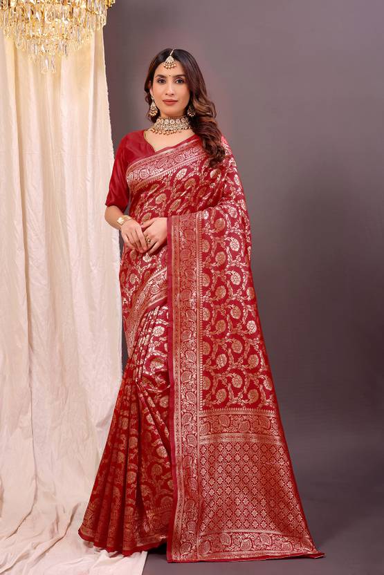 The Crimson Regal Banarasi Silk Saree with All-Over Floral Jaal