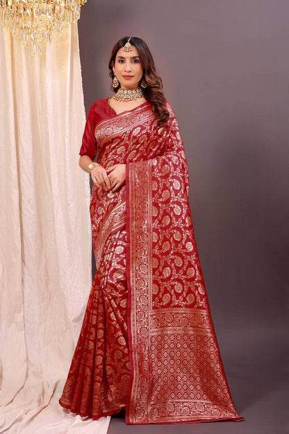 The Crimson Regal Banarasi Silk Saree with All-Over Floral Jaal