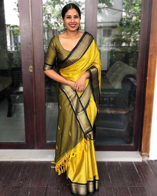 Graceful Yellow and Olive Silk Saree with Classic Border