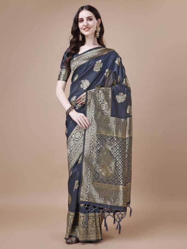 The Slate Grey Banarasi Silk Saree with Golden Zari Artistry