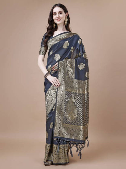 The Slate Grey Banarasi Silk Saree with Golden Zari Artistry