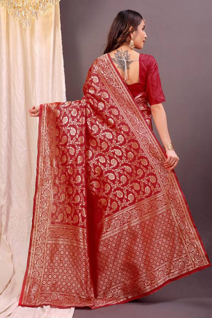 The Crimson Regal Banarasi Silk Saree with All-Over Floral Jaal