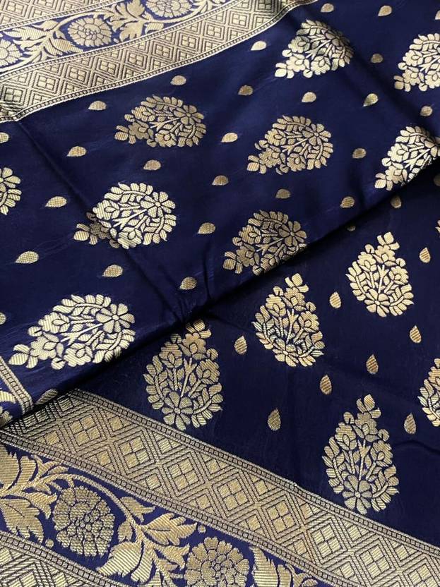 Royal Navy Blue Silk Saree with Gold Zari Floral Weave