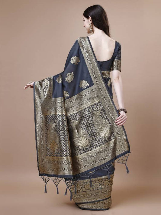 The Slate Grey Banarasi Silk Saree with Golden Zari Artistry