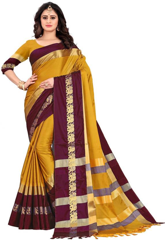The Ochre & Royal Purple Art Silk Saree with Elephant Motifs