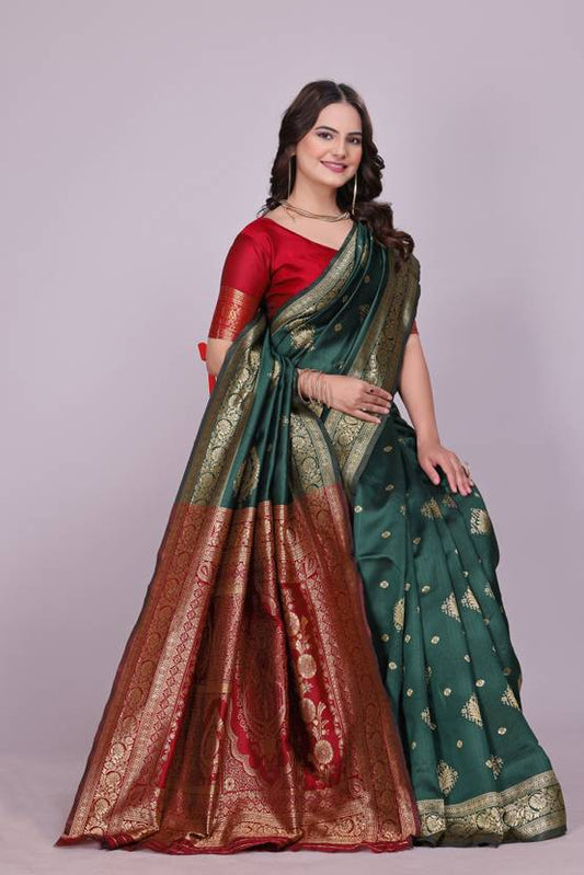 The Emerald & Crimson Banarasi Silk Saree with Ornate Zari Artistry