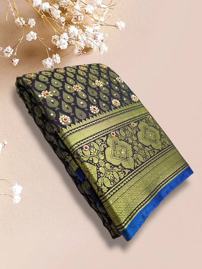 The Forest Green & Prussian Blue Embroidered Banarasi Silk Saree