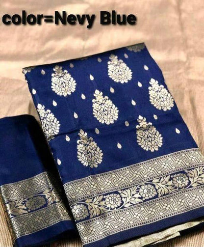 Royal Navy Blue Silk Saree with Gold Zari Floral Weave