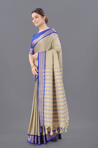 The Champagne Gold & Electric Blue Art Silk Saree with Striped Pallu