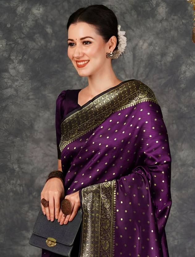 The Royal Aubergine Silk Saree with Polka Dot Zari Butti