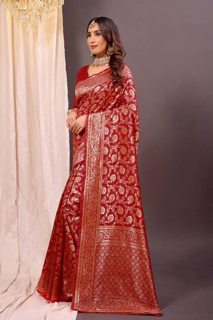 The Crimson Regal Banarasi Silk Saree with All-Over Floral Jaal