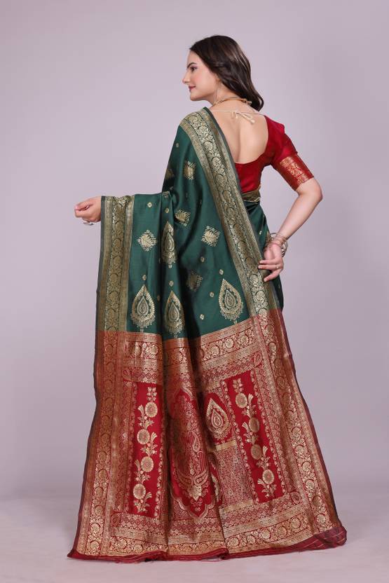 The Emerald & Crimson Banarasi Silk Saree with Ornate Zari Artistry