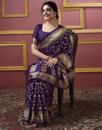 The Royal Purple Banarasi Silk Saree with Rose Gold Floral Jaal