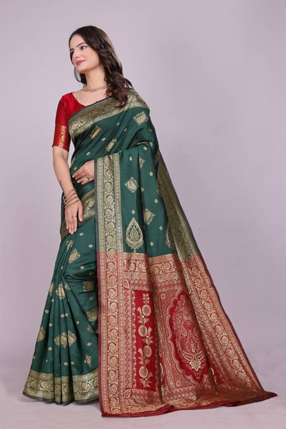 The Emerald & Crimson Banarasi Silk Saree with Ornate Zari Artistry