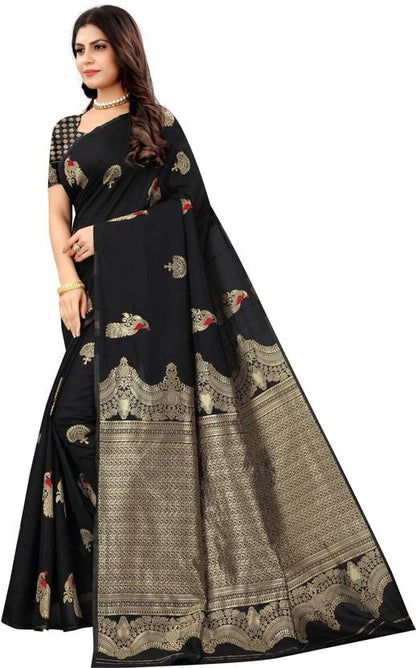 The Midnight Black Banarasi Silk Saree with Peacock & Paisley Artistry