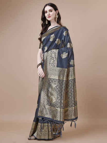 The Slate Grey Banarasi Silk Saree with Golden Zari Artistry
