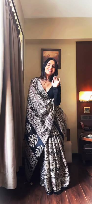 The Noir Monochrome Ajrakh Fusion Saree