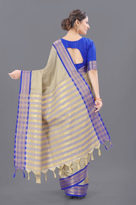 The Champagne Gold & Electric Blue Art Silk Saree with Striped Pallu